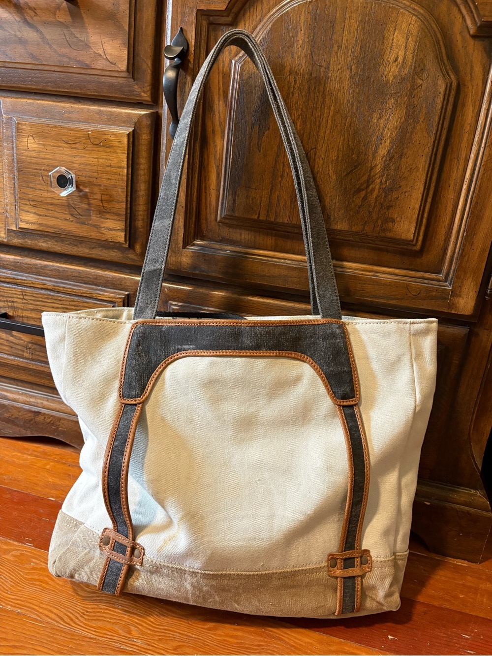 Mona B Cream Canvas Tote with Dark Gray Straps and Tan Trim